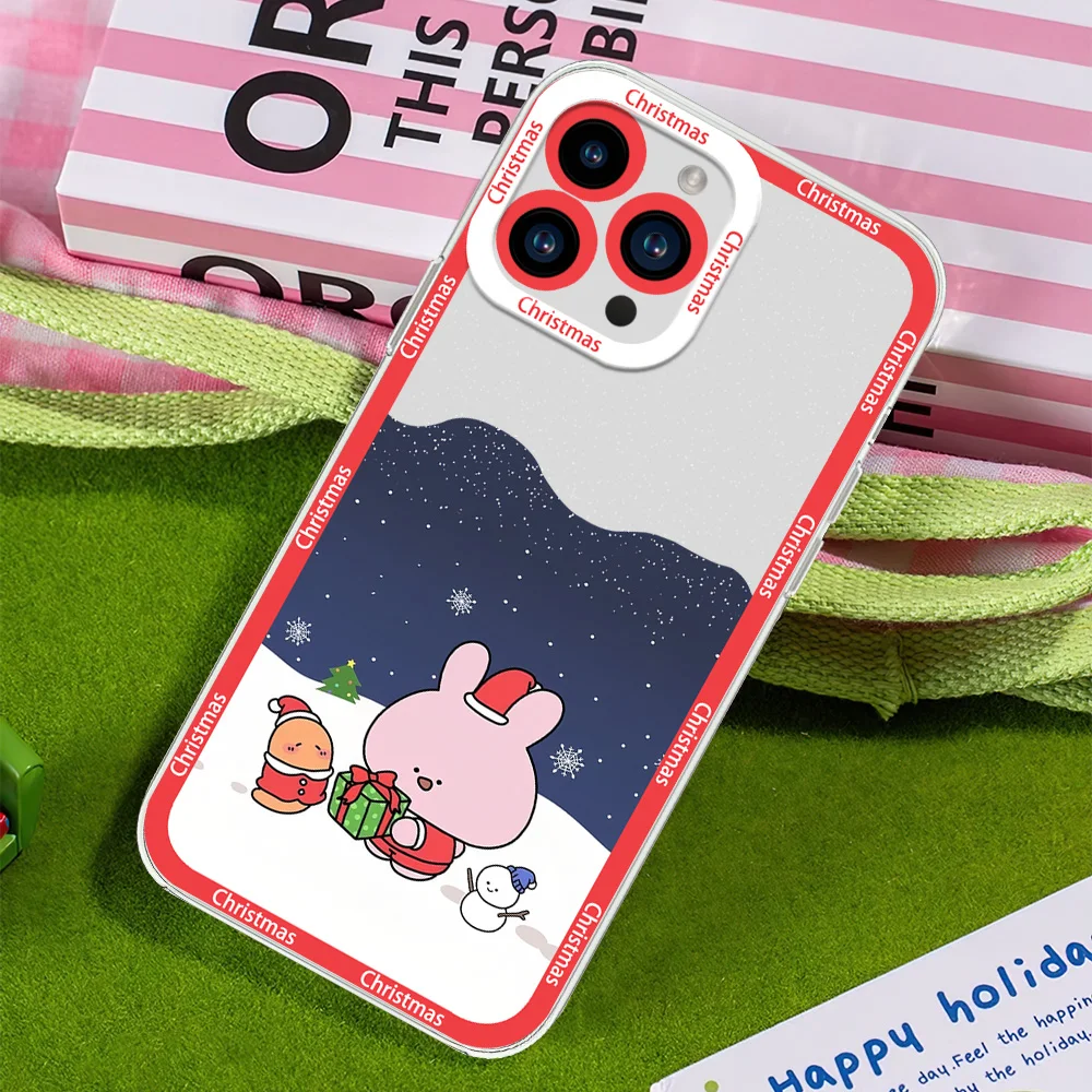 A-Asamimichan Cute Bunny Christmas Phone Case for Samsung S24 S23 S22 S21 A55 A54 A35 FE PLUS ULTRA Transparent Bezel Shell