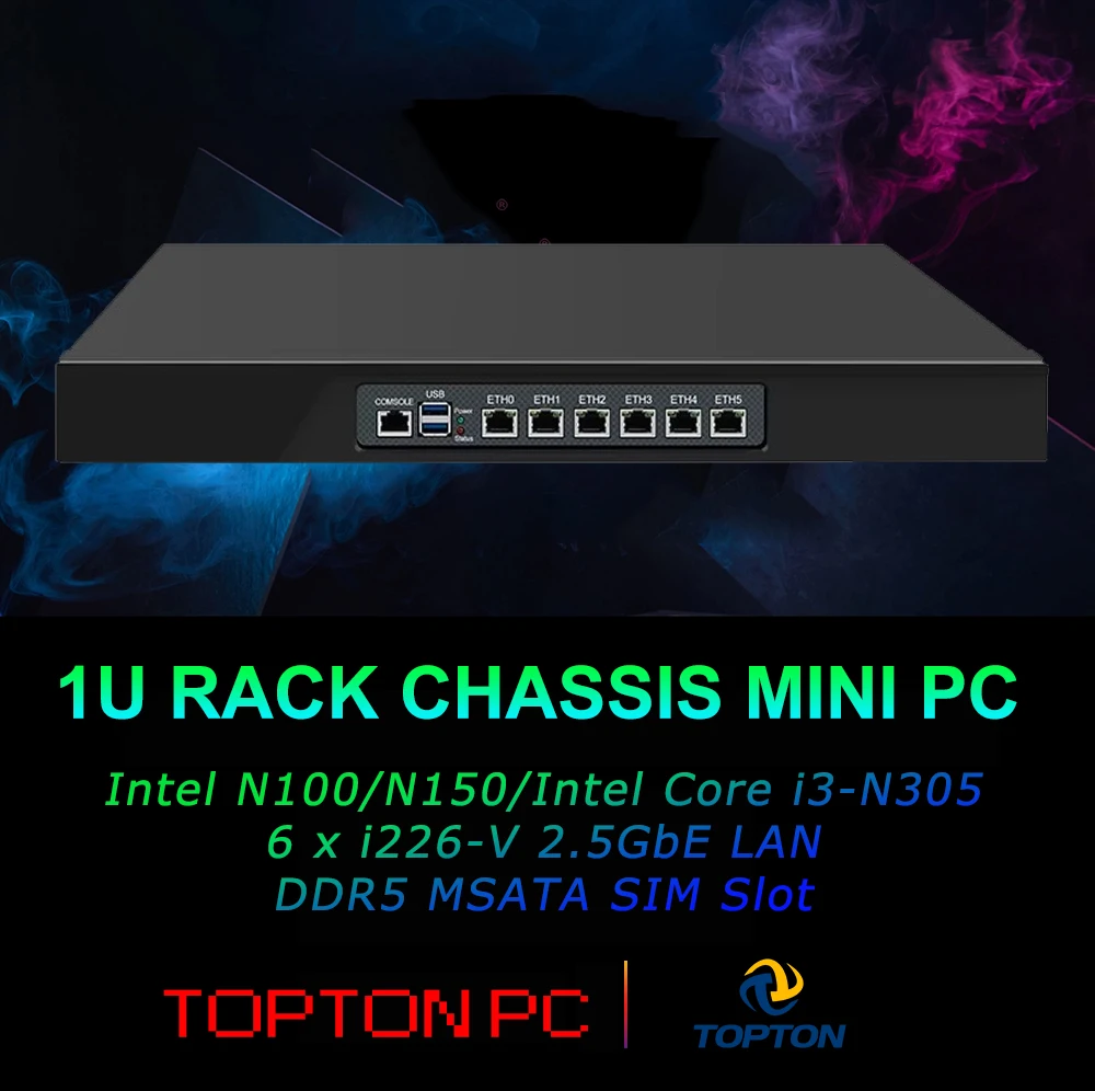 Mini-PC 1U Rack-Chassis Mini-PC Intel i3 N305 N150 N100 6xi226-V 2,5 GbE LAN-Schrank Firewall Router Gateway DDR5 MSATA SIM-Steckplatz