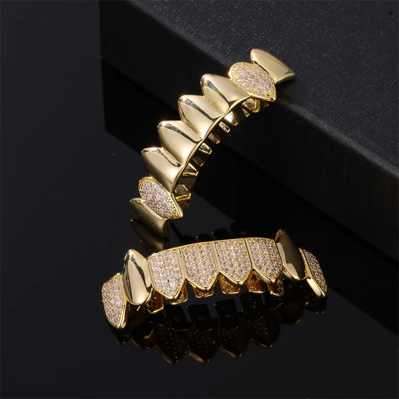 D&Z Hip Pop Bling Cubic Zircon Vampire Teeth Grillz Set For Men Women Gold Silver Color Removable Dental Fashion Jewelry