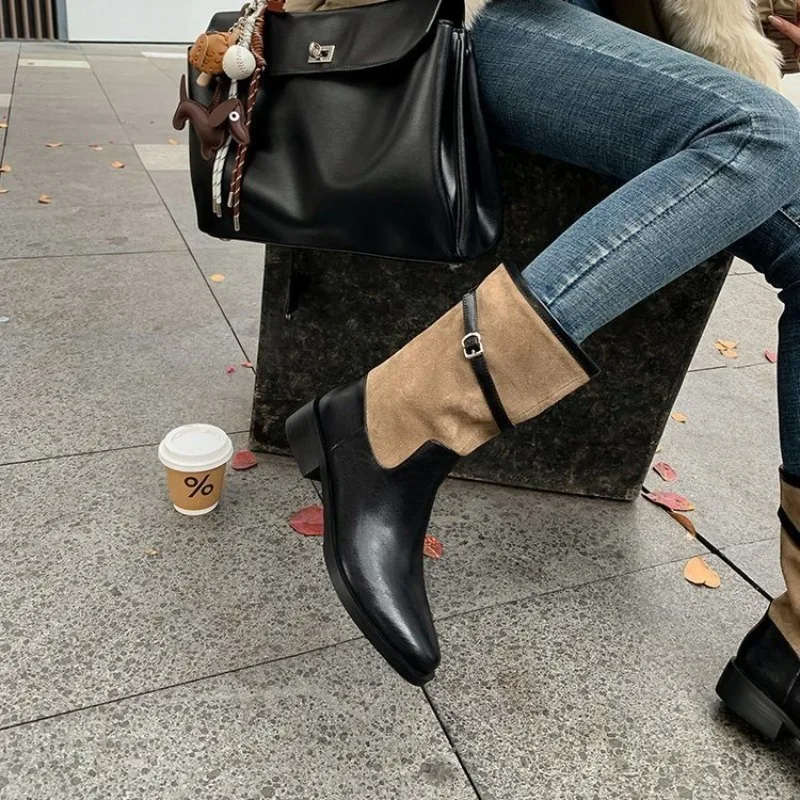 البائع الساخن 2026 المرأة الجديدة تشيلسي الأحذية الرجعية المرأة سميكة سوليد أحذية كعب سميك الجوارب المرنة المرأة حذاء من الجلد تشيلسي #1