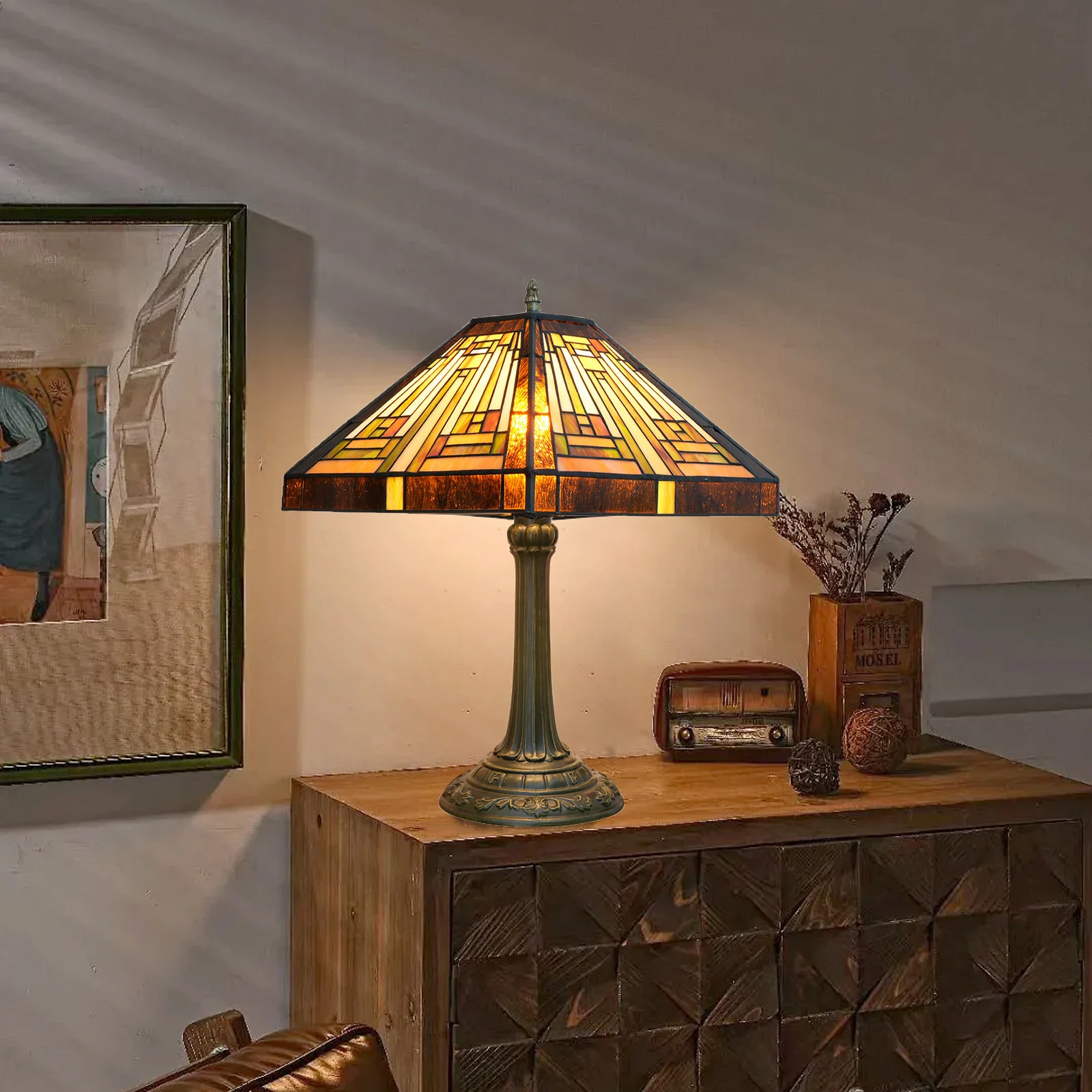 

Ретро-лампа с витражным стеклом, настольная лампа янтарно-коричневого цвета в стиле Миссия, декоративная лампа для спальни, гостиной, кабинета, домашнего офиса.