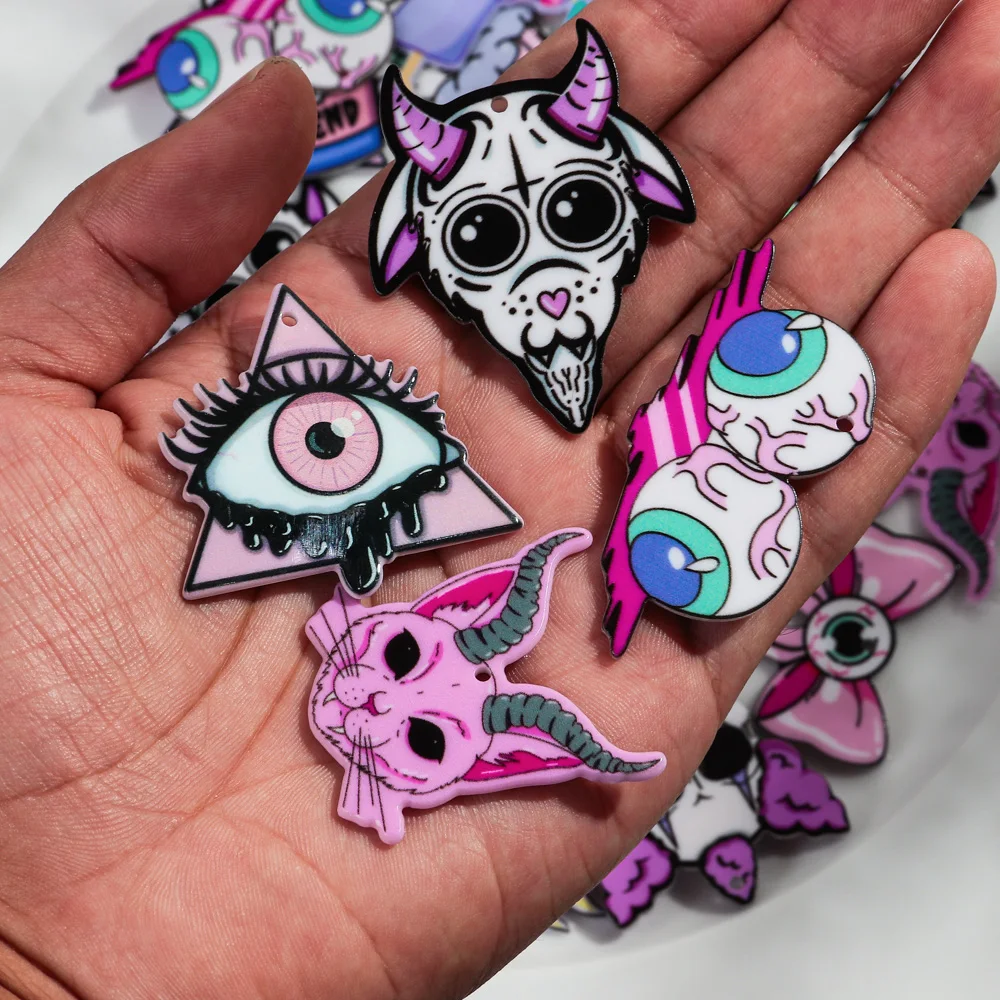 10pcs/lot Halloween Pink Cartoon Cat Sheep Eyeballs Acrylic Charms Pendant for DIY Jewelry Making keychain Earring Accessories