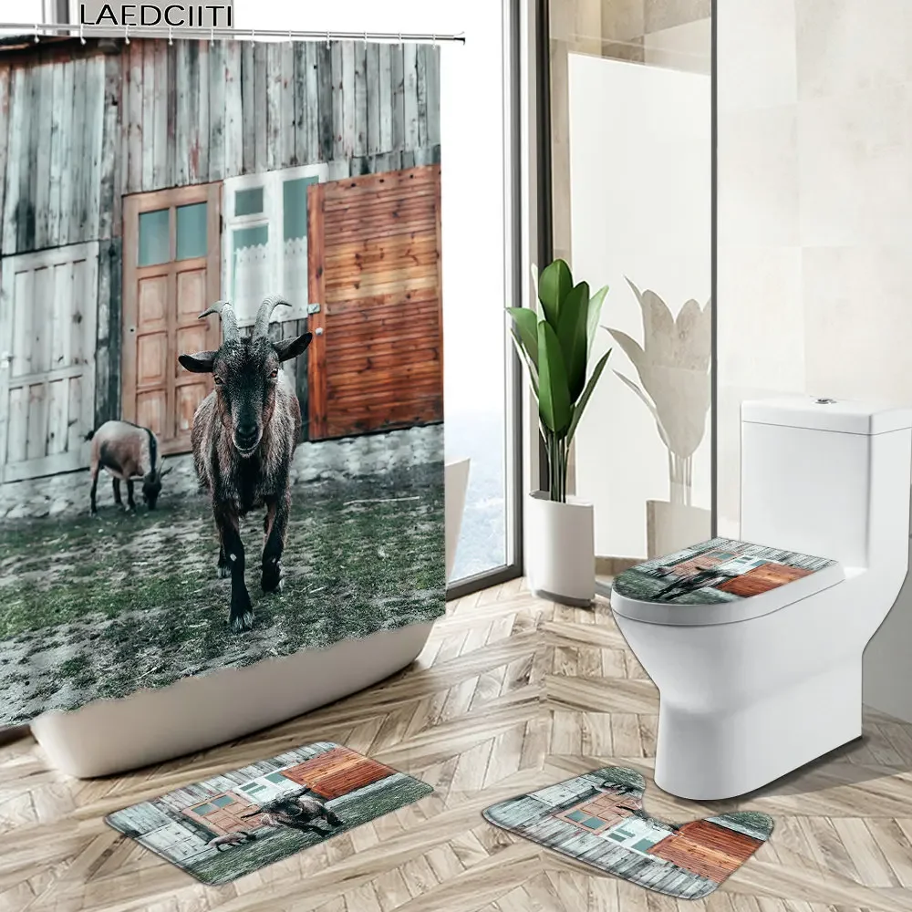 Highland Cow Shower Curtains Autumn Country Retro Old Wooden Farmhouse Barn Scenery Non-Slip Carpet Toilet Cover Floor Mat Sets