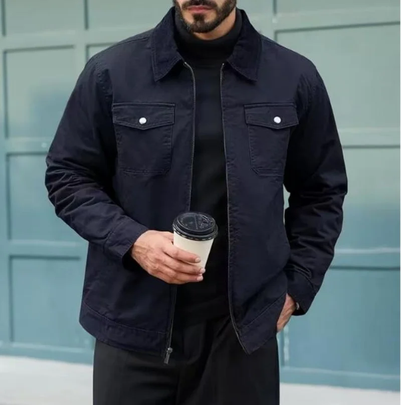 Men Cargo Jackets Lightweight Full Zip Corduroy Collar Jackets Cotton Casual Shacket Padded Coats with Pockets