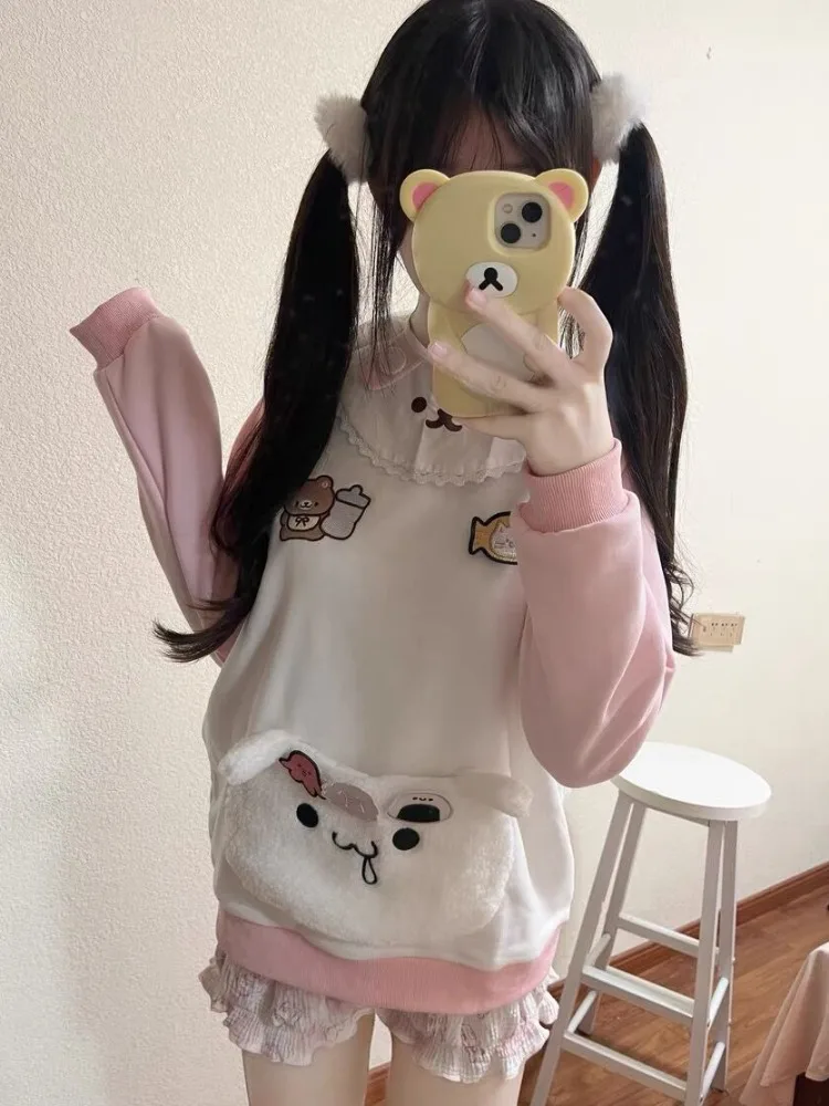 Japanese Kawaii Pink Hoodies Women Cartoon Embroidery Bear Pocket Loose Sweatshirt Harajuku Y2k Aesthetic Cute Pullovers Moletom