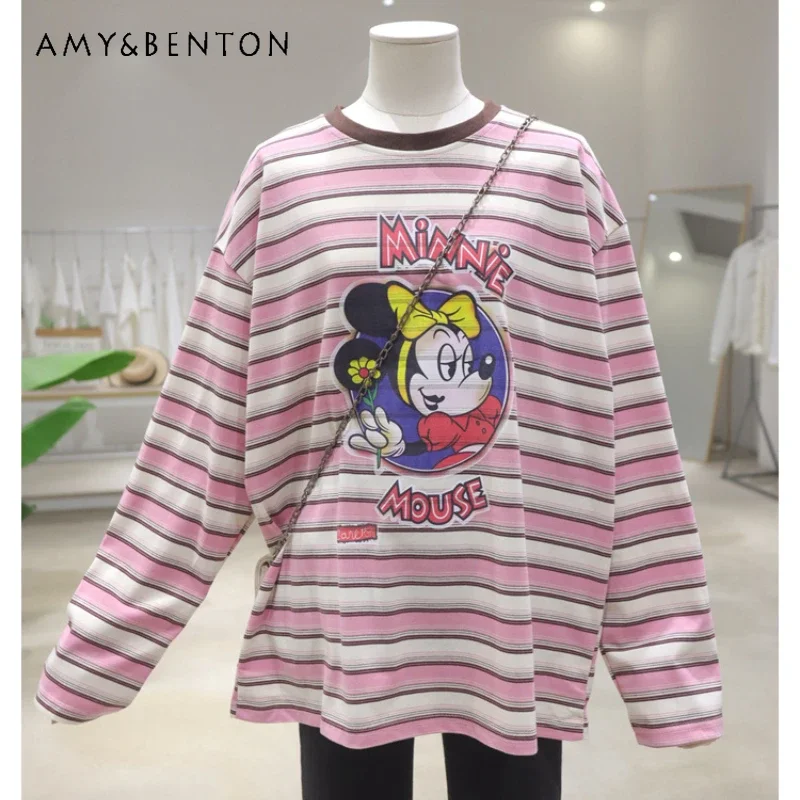 

Lining Skin Tone Striped Cartoon Printing T-shirt 2025 Spring Clothing Versatile Loose And Thin Cotton Long-sleeved T-shirt Girl