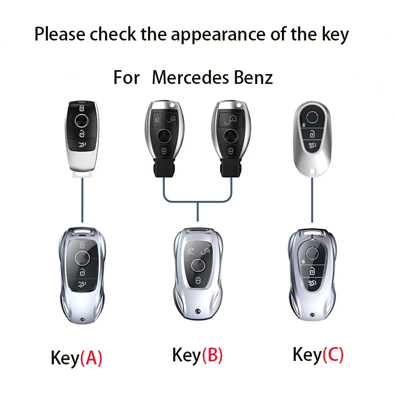 For Mercedes-Benz Premium Zinc Alloy Smart Key Fob Case with Key Strap A, C, E, S, CLA, CLS, GLA, GLB, GLC, GLE, GLS, G Gl