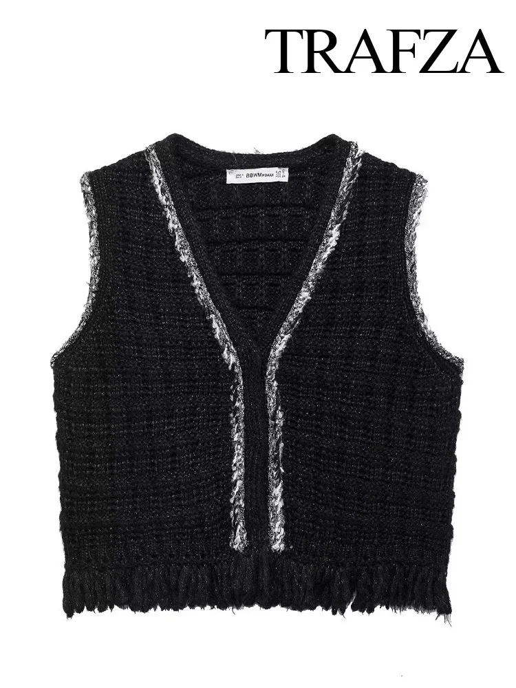 TRAFZA Autumn Women Elegant Vest Sleeveless V-Neck Loose Short Tank Tops Female Streetwear Rough Edge Knitting Waistcoat Top