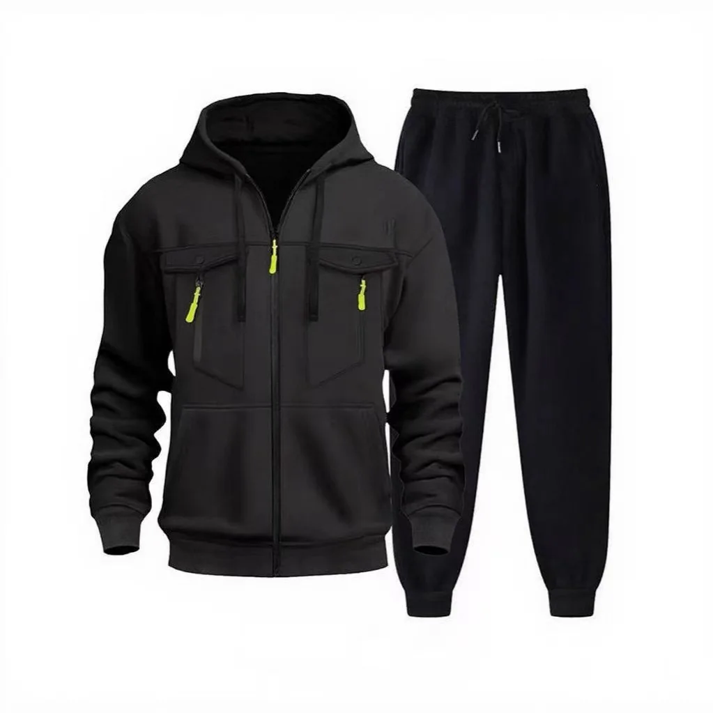 2025 Cross Border Autumn  Winter New Mens Fleece Lined Hoodie Set  Multi Zipper Pockets Casual Zip-Up Style