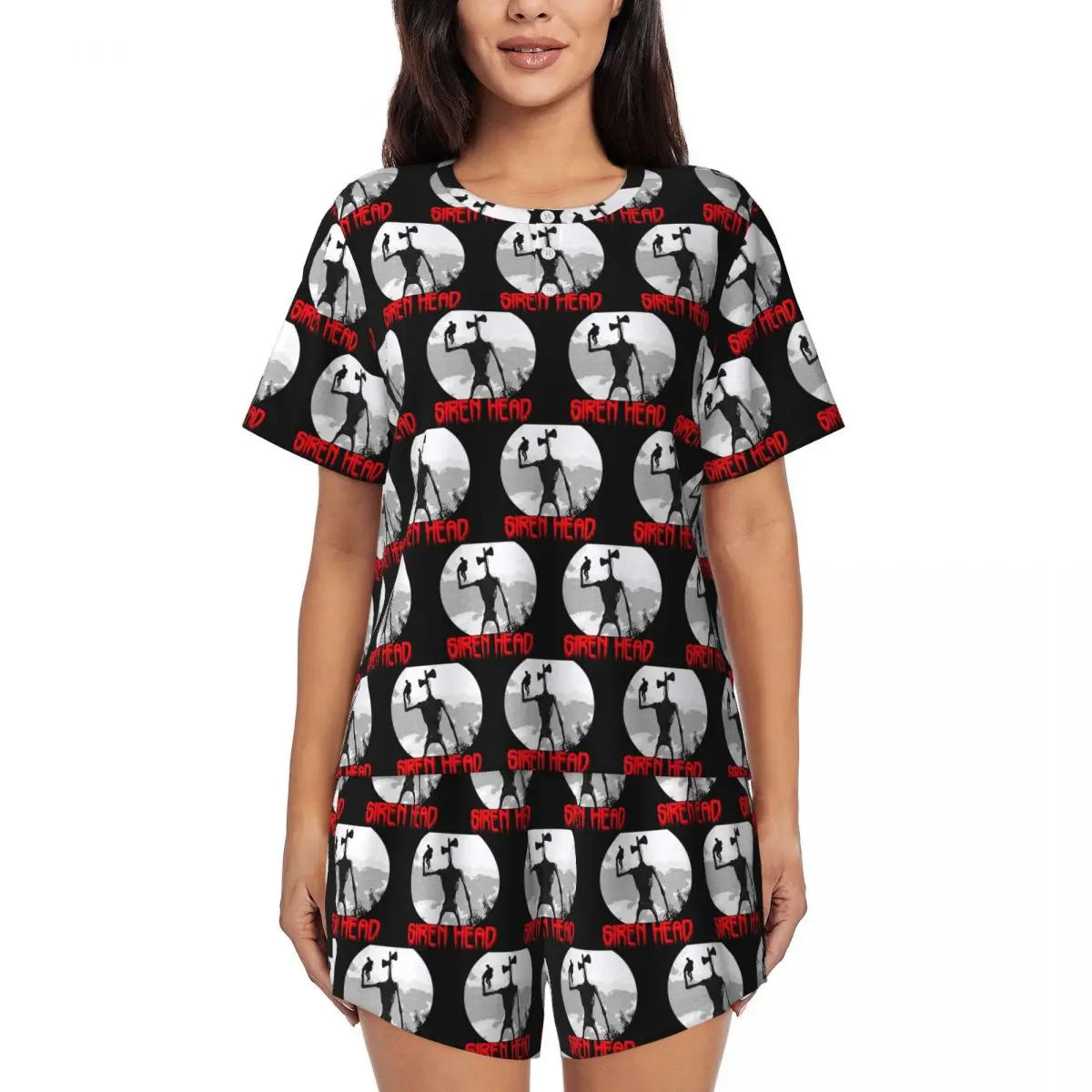 

Ночная рубашка с круглым вырезом и короткими рукавами Siren Head, женский свободный пижамный комплект с короткими штанами