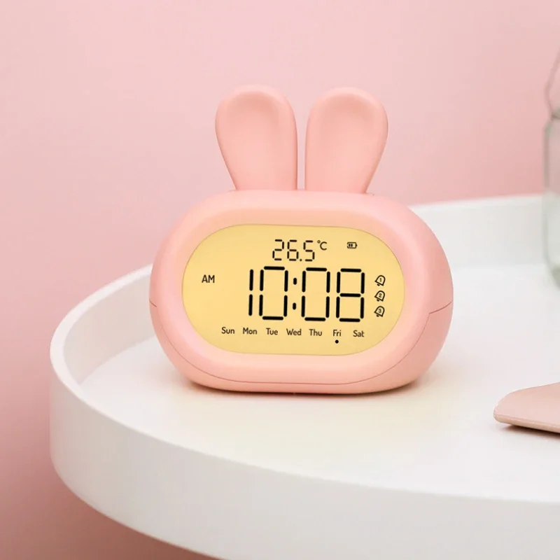 Adorable Bunny Digital Alarm Night Light 12/24H Countdown Timer Temperature Display USB Rechargeable Bedside Desk Home Decor