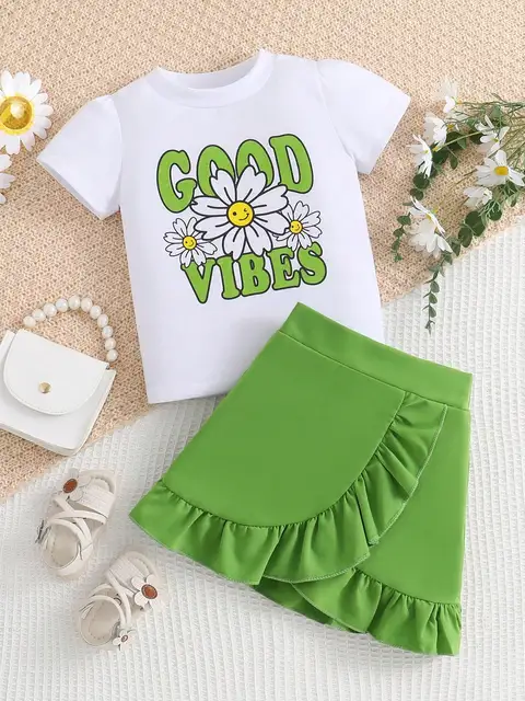 2-częściowa dziewczęca moda wiosna/lato urocza odzież codzienna na zewnątrz biała dzianina z okrągłym dekoltem T-shirt z nadrukiem stokrotki + zielona plisowana spódnica
