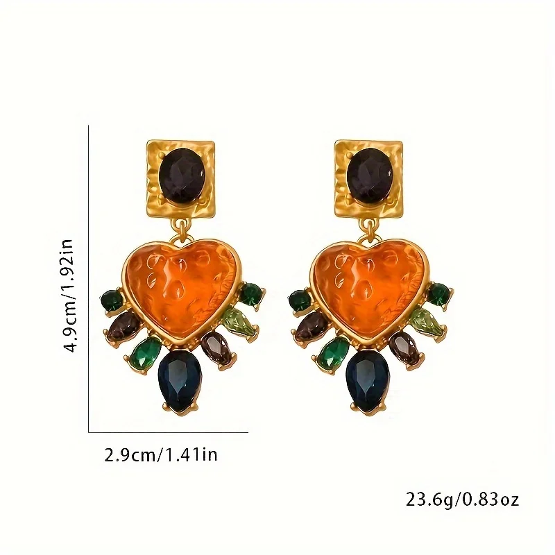 Vintage Exaggerated Exquisite Big Heart Glass Multi Color Crystal Stone Drop Earring Women Fashion Jewelry Accessories