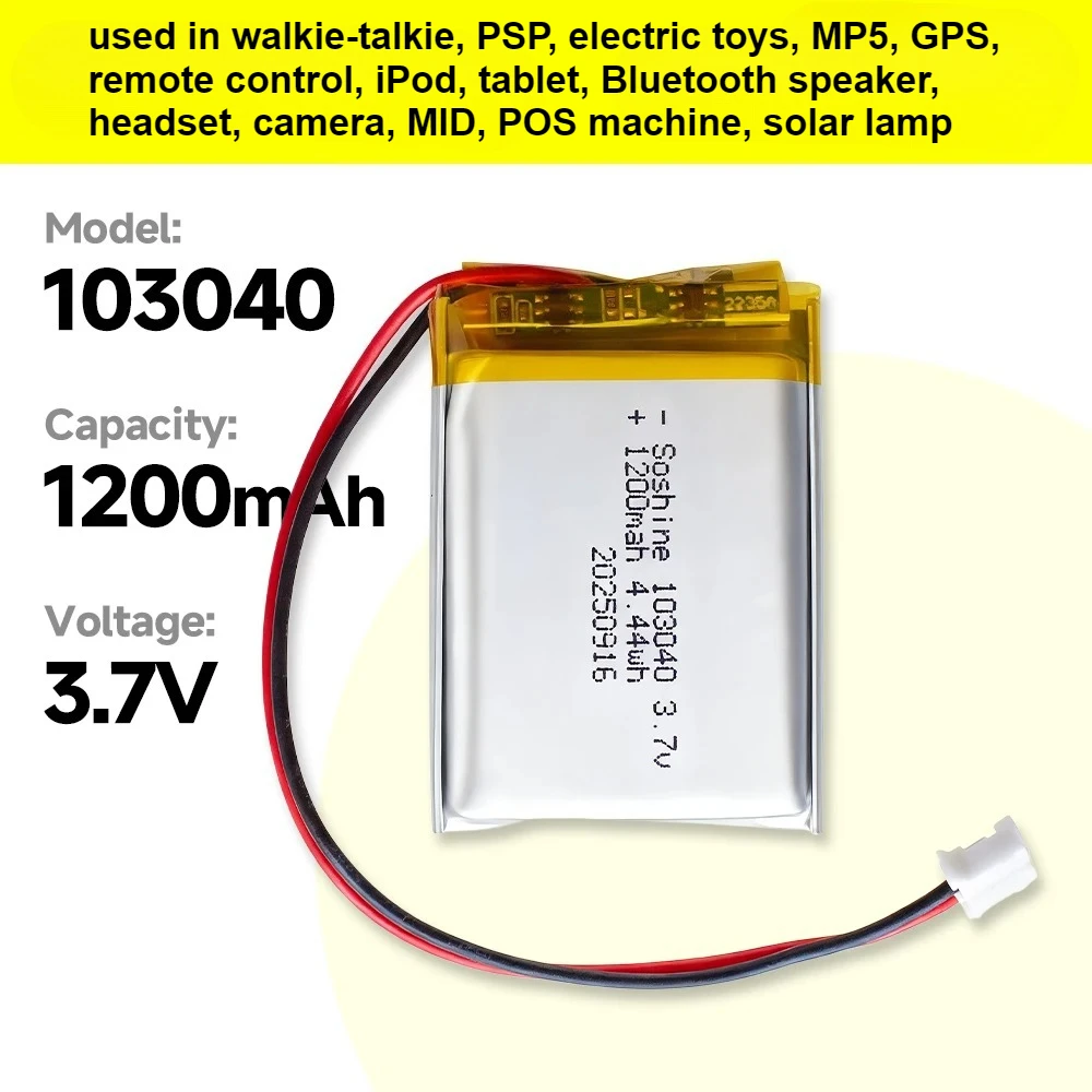 

103040 3.7V 1200mAh Polymer Lithium Rechargeable Battery for GPS Navigator MP3/4/5 Bluetooth Headset PS4 Batteries Diy Tools