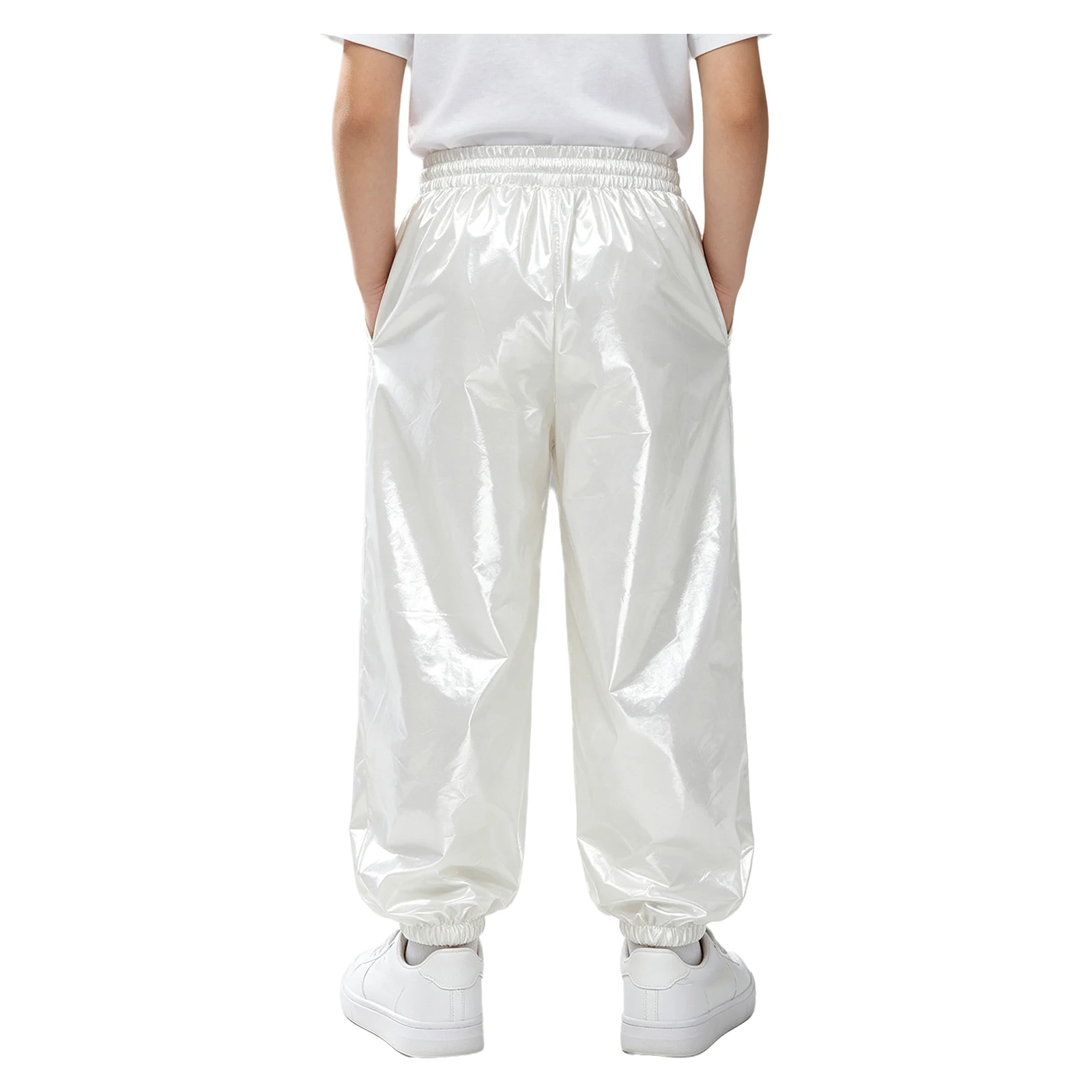 Teen Boys Glossy Jogger Pants Waterproof Elastic Waistband Athletic Trousers with Pockets Outdoor Workout Cycling Sportswear