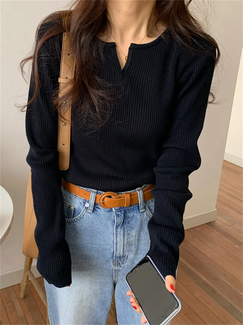 Alien Kitty Vintage Hot Solid V-Neck 2022 Sweet Causal Clothe Slim All Match Stylish Women New Sweater Streetwear Basic Tops