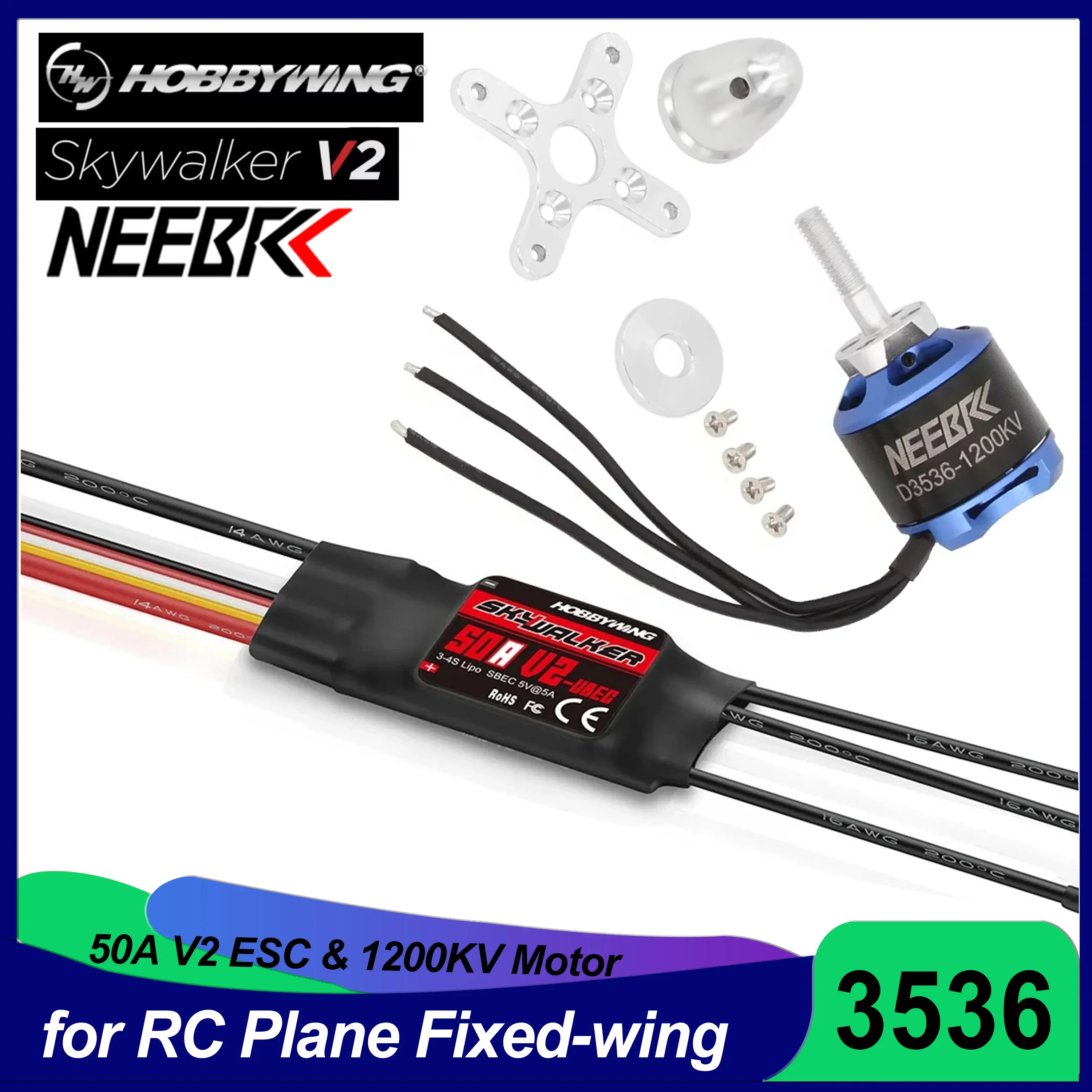 NEEBRC 3536 1200KV 2-4S Brushless Motor and 50A ESC for FPV Racing Drone RC Airplane Plane Fixed-wing Freestyle Parts