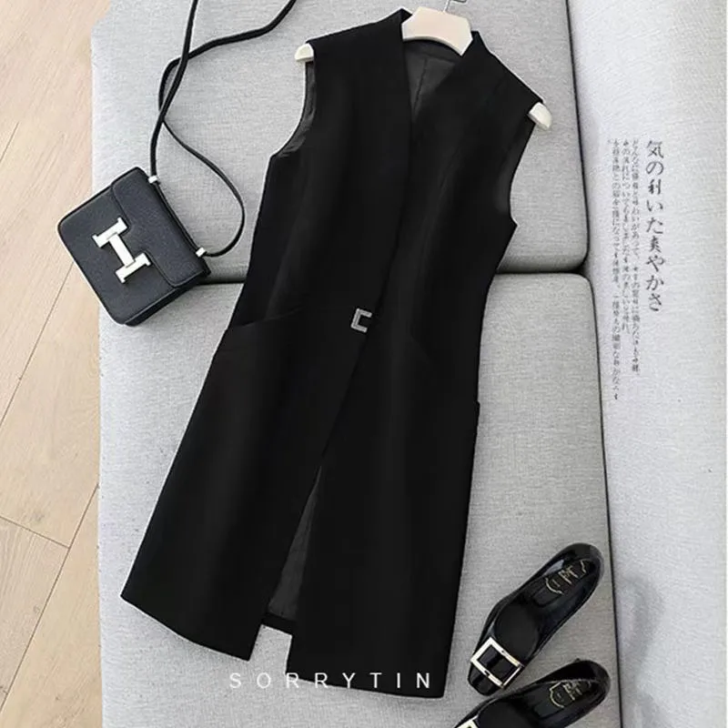 2024 Women\'s Casual Black Vest Women Clothing Spring Autumn Sleeveless Blazer Jacket Medium And Long Slim Female Waistcoat