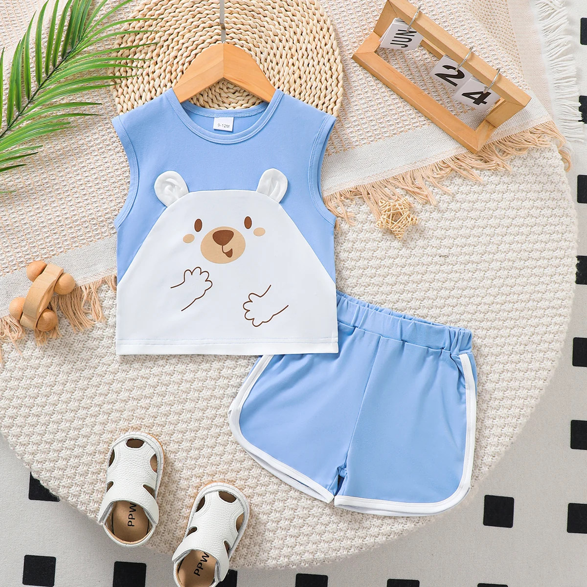 Summer Boys' Set Cartoon Cute Teddy Bear Printed Blue Top+Shorts 2Pcs/Set 0-3 Years Old Sunny Handsome Boy Baby Casual Set
