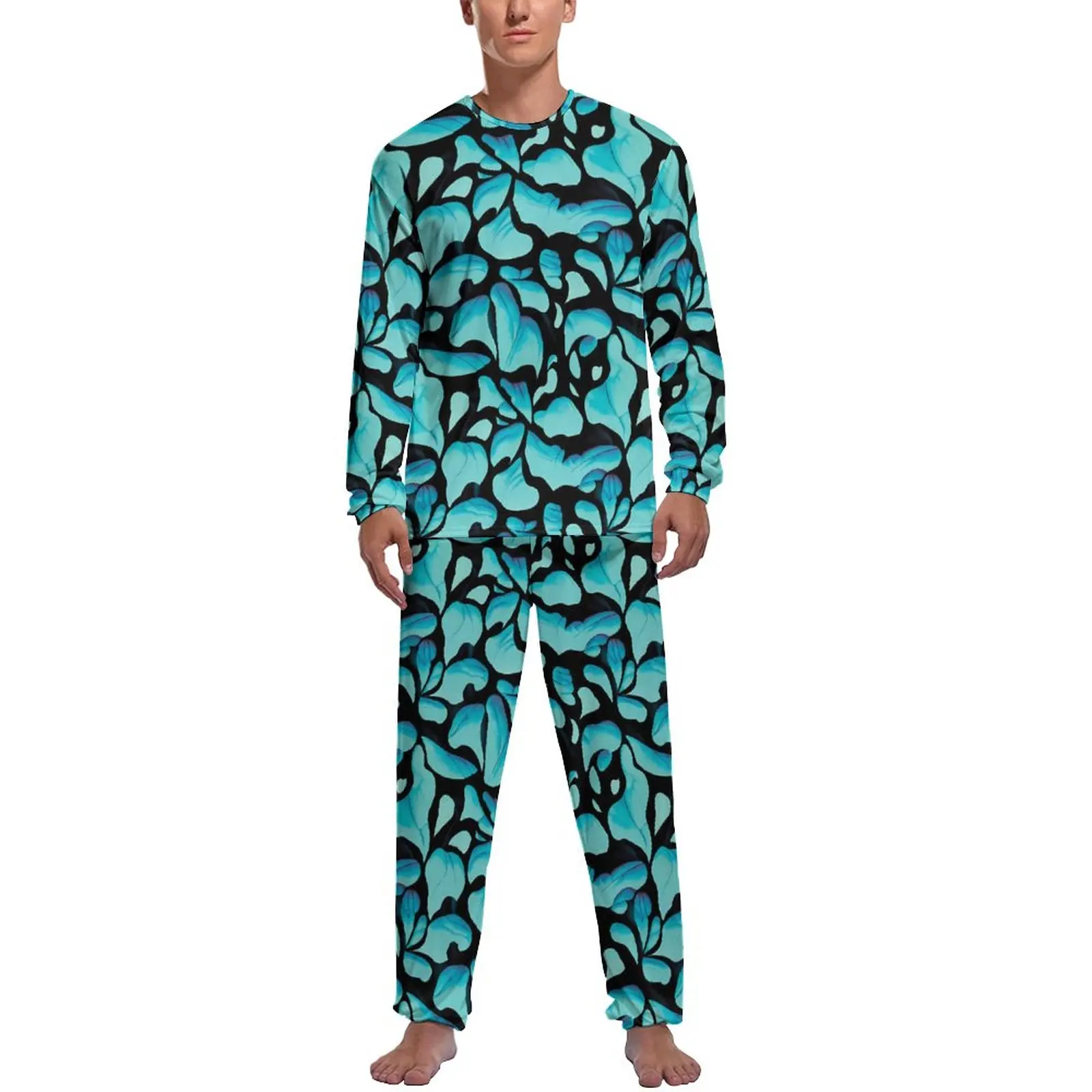 Blue Leaf Print Pajamas Long Sleeves Abstract Leaves Two Piece Home Pajamas Set Winter Male Design Elegant Nightwear