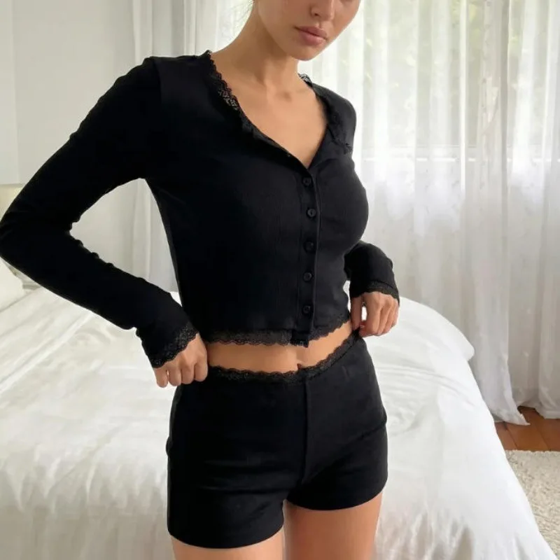 Summer New Lace Round Neck Long-sleeved Top Sexy Tight Shorts Two-piece Loungewear