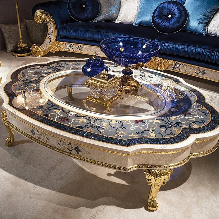 #Unique Irregular Design Luxury French Rococo Coffee Table Antique Hand Carved Wood with Shell Marquetry for Hotel Living Room