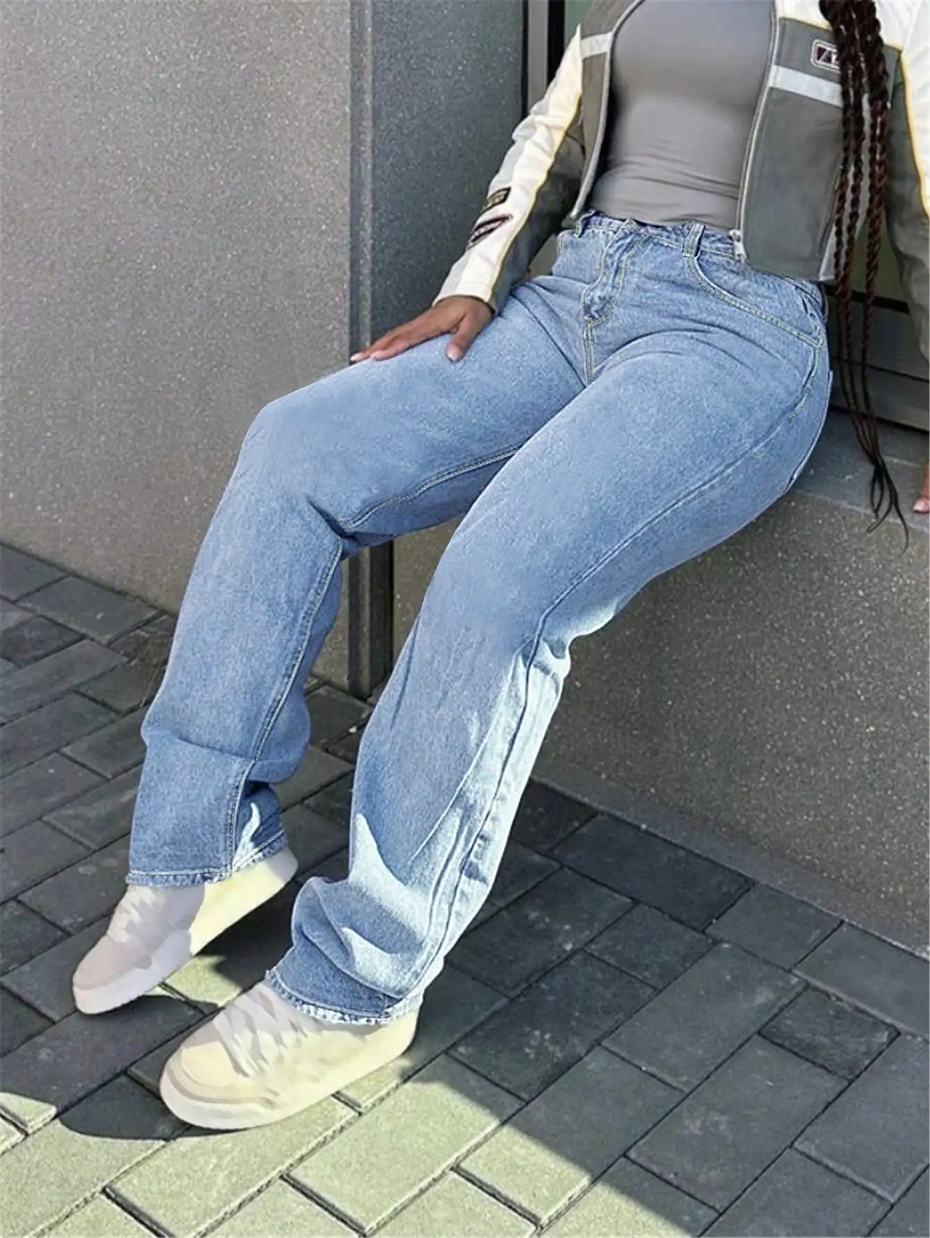 WGXWGX  Women's High-Waisted Baggy Denim Jeans Loose Fit Cotton Button-Front Full-Length Trendy 2025 Style