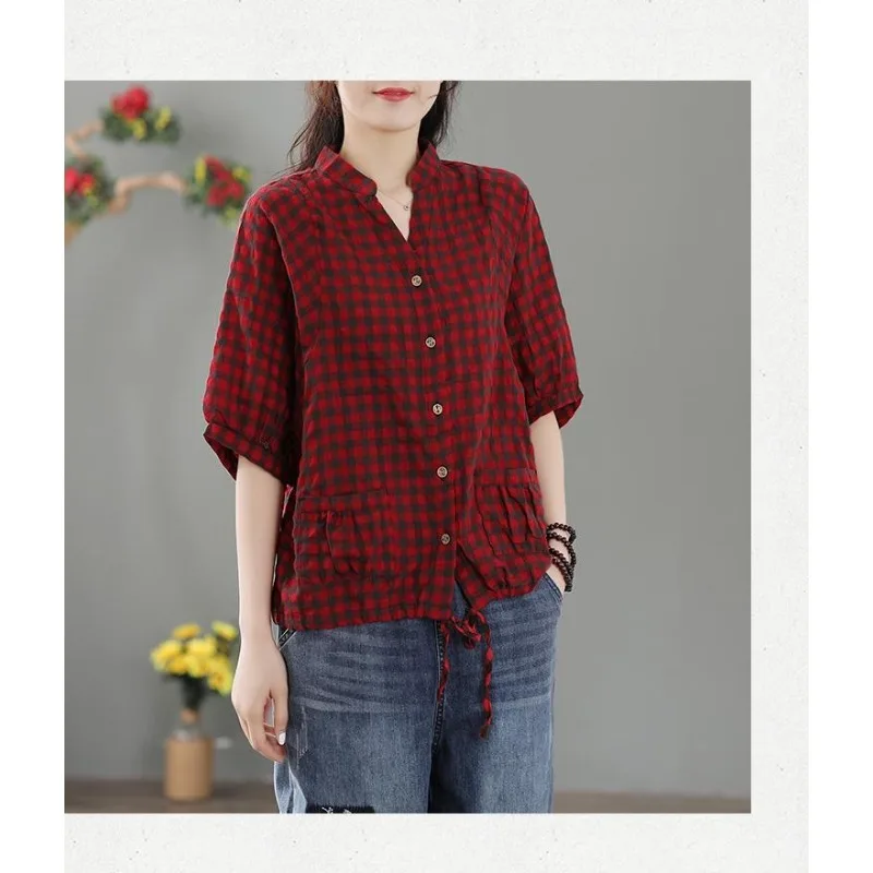 Retro xadrez impressão feminina 2025 fino elegante literário com decote em v manga média solta manga quarto botão topo