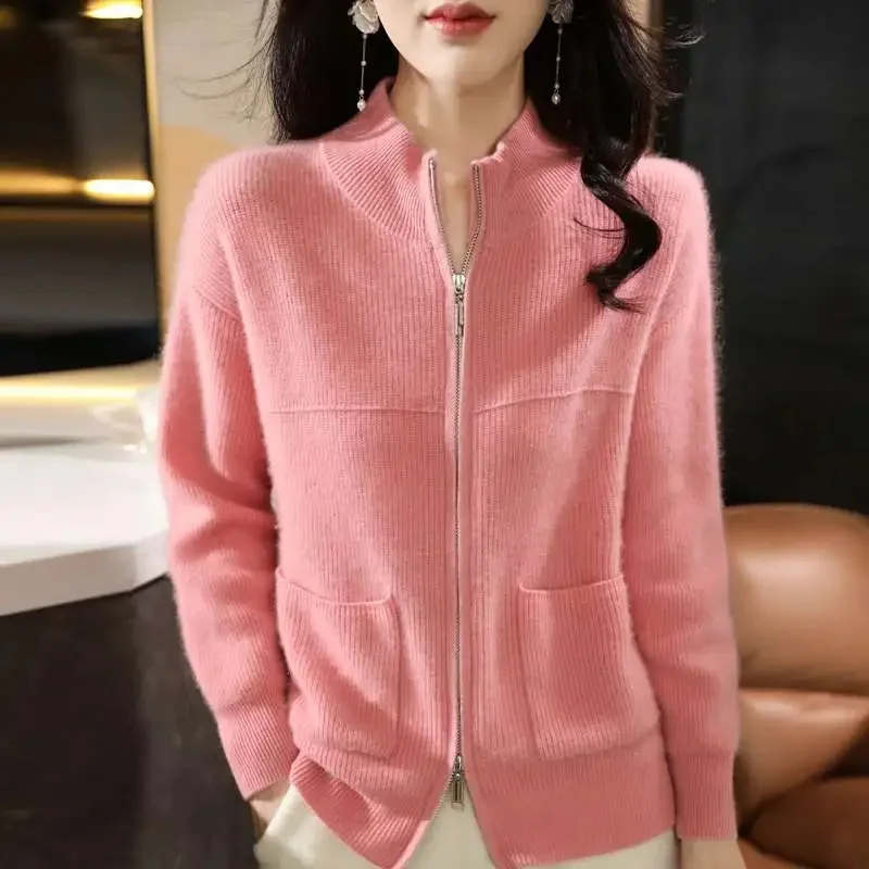 Fashion Knit Women Cardigan Casual Full Sleeve Zipper Stand Pleated Slim Lady Sweater 2025 Spring Autumn Office Female Knitwear