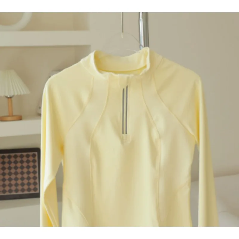 Slim Fit Sporty Long Sleeve Zipper Jacket Half Open Stand Collar Yoga Fitness Outerwear Base Layer Top Young Adults Women