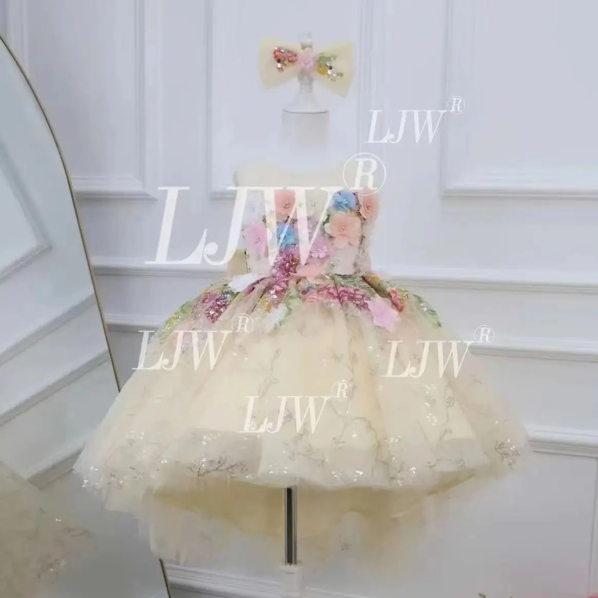 Luxury Handmade 3D Flower Girls Pageant Dress Champagne Glitter Tulle Prom Gown Children Birthday Baptism Party Costume beauty