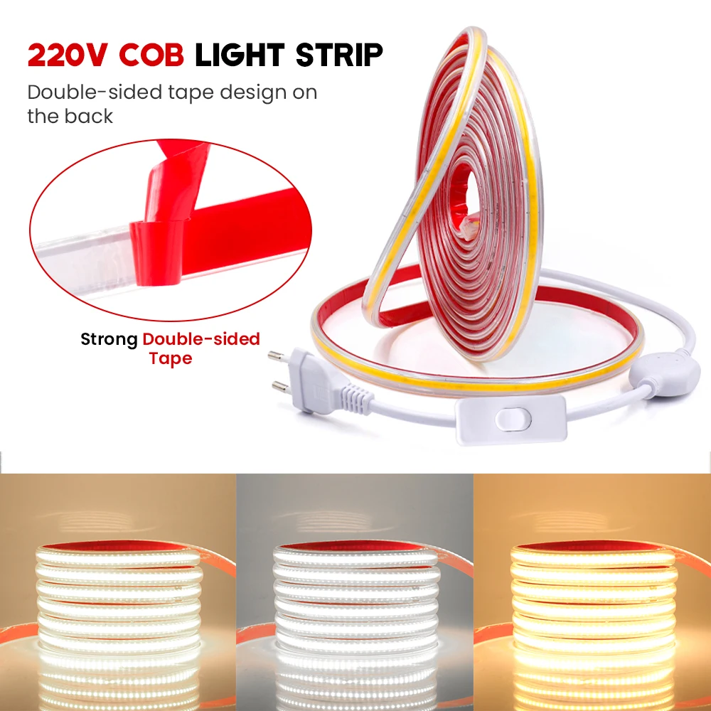 220V COB LED Strip 288LEDs/M Waterproof Flexible Adhesive Tape With EU Switch Plug Warm White/Neutral White/White 0.5-40M