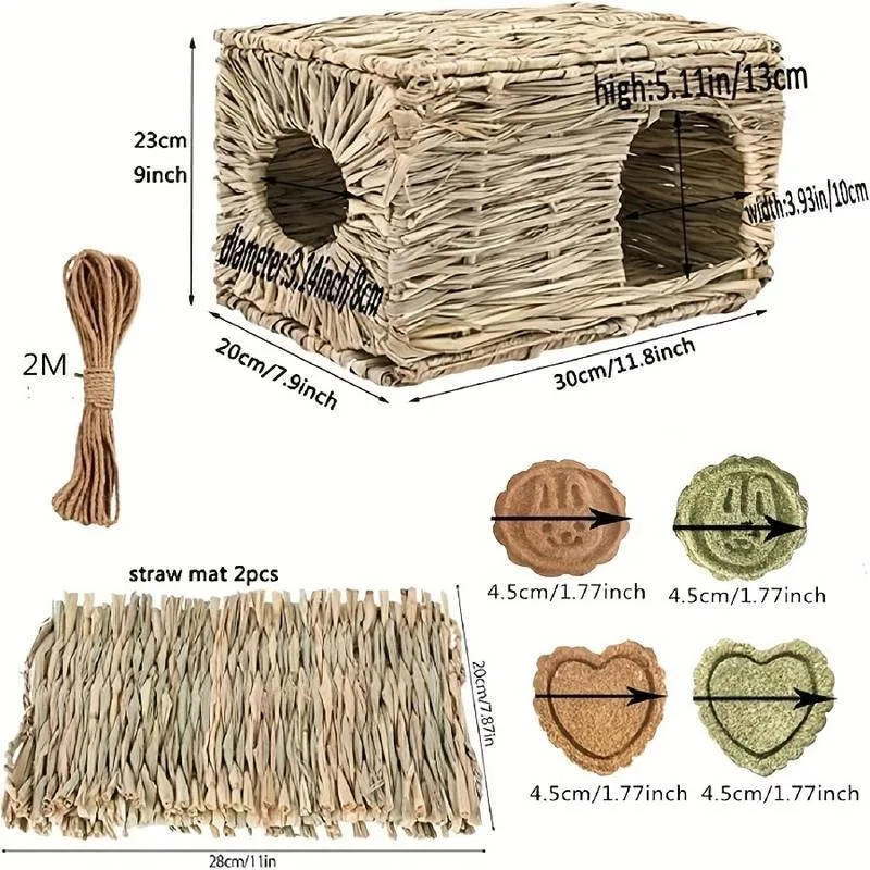 Grass House for Rabbit Foldable Woven Rabbit Cages Hamster Guinea Pig Grass Chew Toy Mat House Bed Nests for Animal Accessories