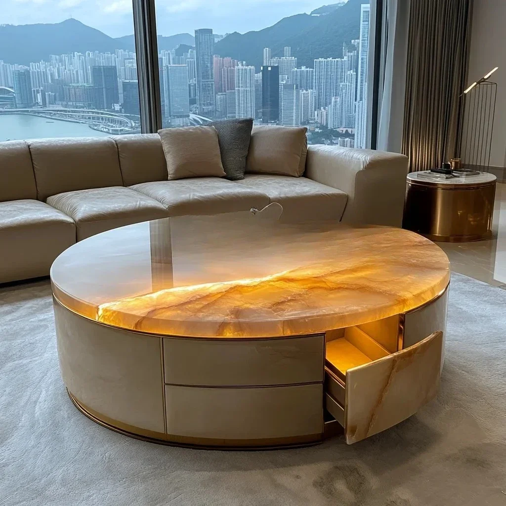 Luminous jade luxury stone leather coffee table light luxury villa large flat modern living room round coffee table