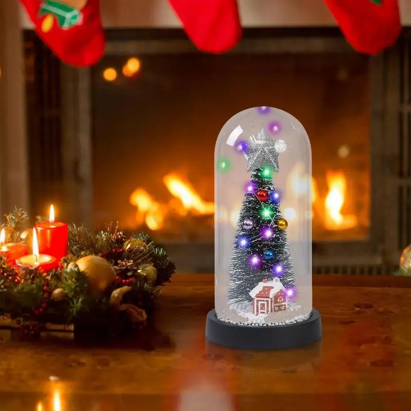 Christmas Tree Nightlight Miniature Christmas Tree In Plastic Dome With LED Lights ornament For Living Room Tabletop Decoration