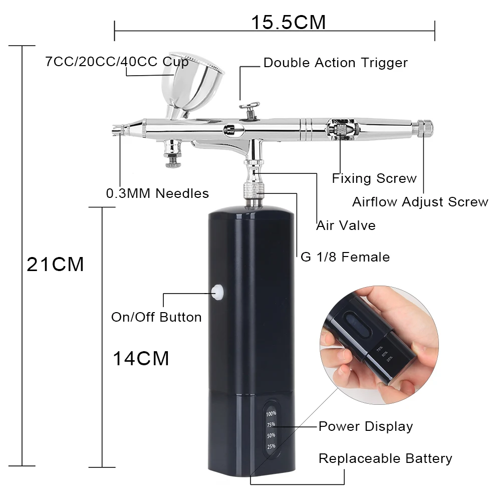 Compressore aerografo professionale senza fili Super funziona silenzioso Sostituisci la batteria Display dell'alimentazione Strumento per unghie di design artistico