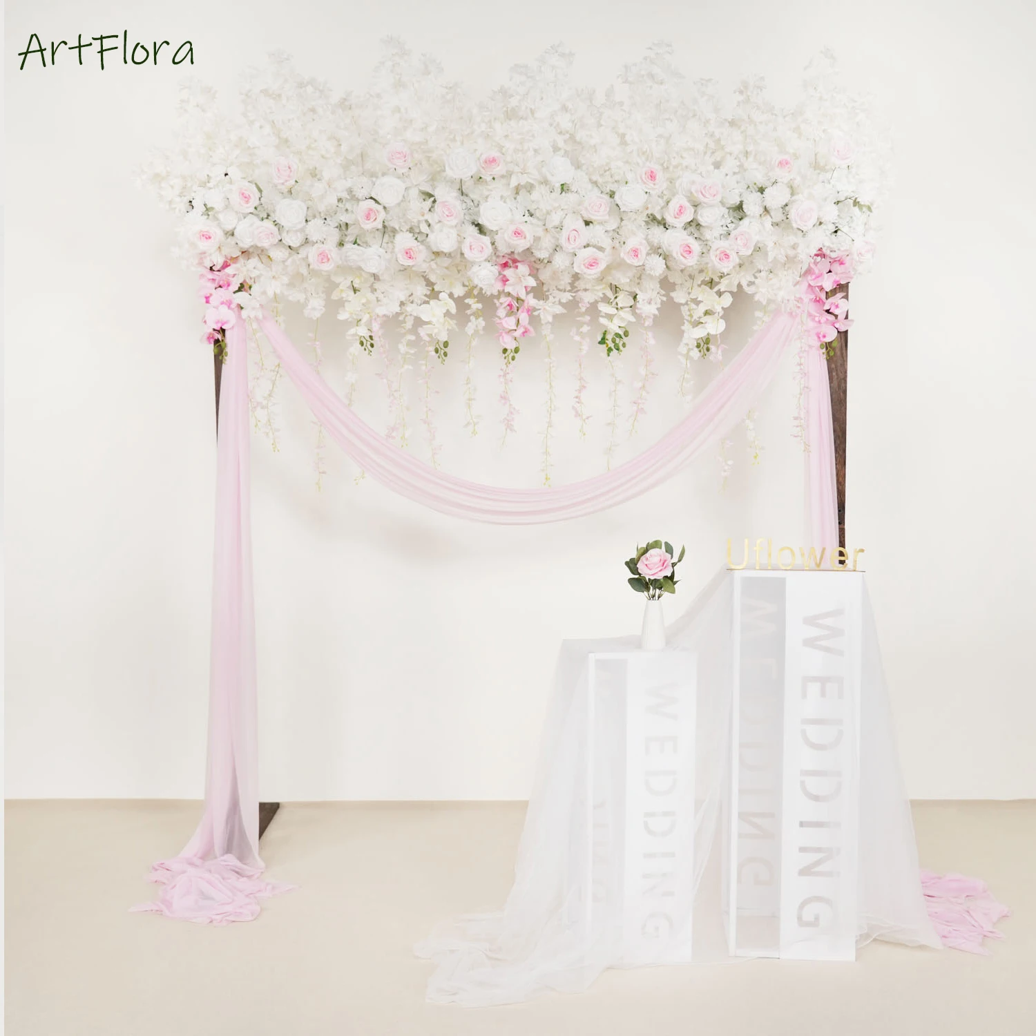 

Uflower Luxury Pink White Rose Cherry Blossom Hang Wisteria Floral Arrangement Wedding Decoration Flowers Row Event Party Props