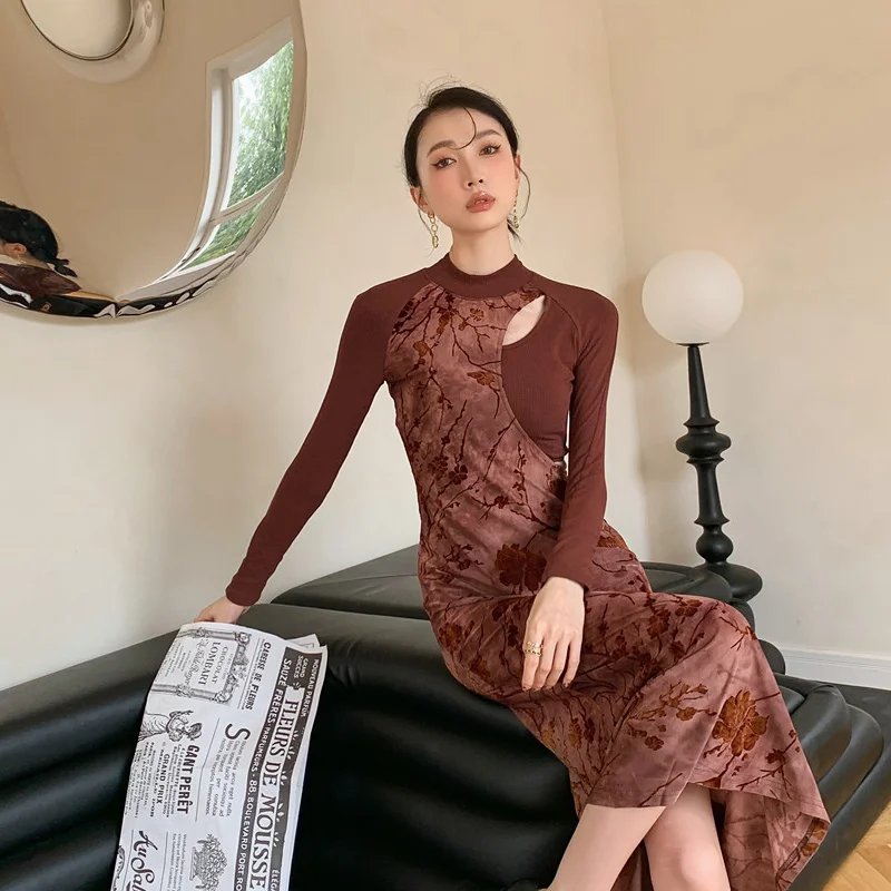 Spring Women's Clothing Deep Coffee Dress New Chinese Style Tea Break French Hot Girl  Style Chic Unique Knitted Fake Two Dress