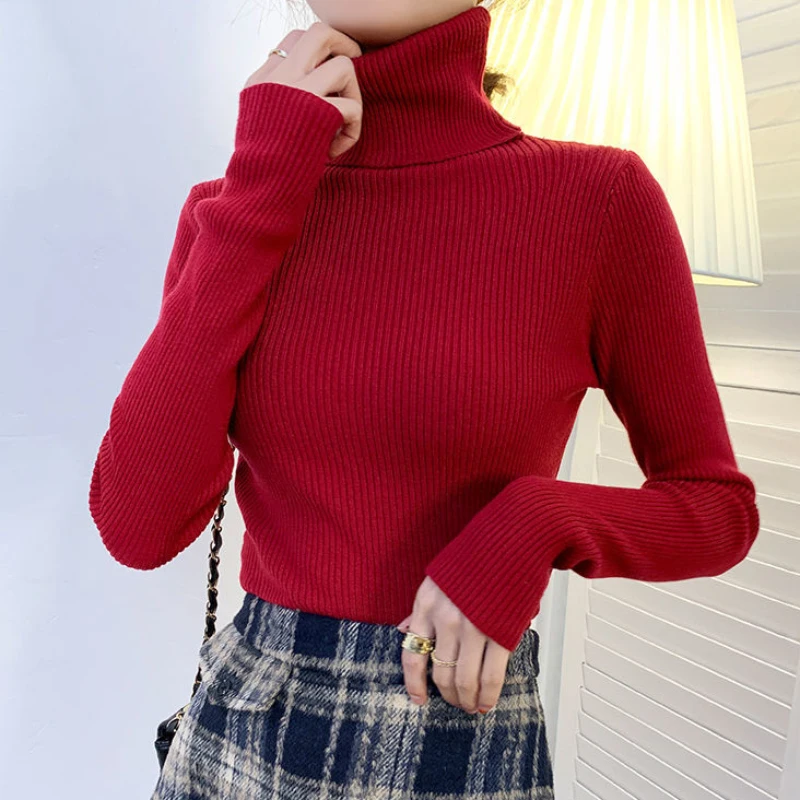 MEXZT Harajuku Pullover Turtleneck Sweater Women Fall Soft Knit Sweater Slim Elastic Korean Simple Basic Cheap Jumper Solid Tops