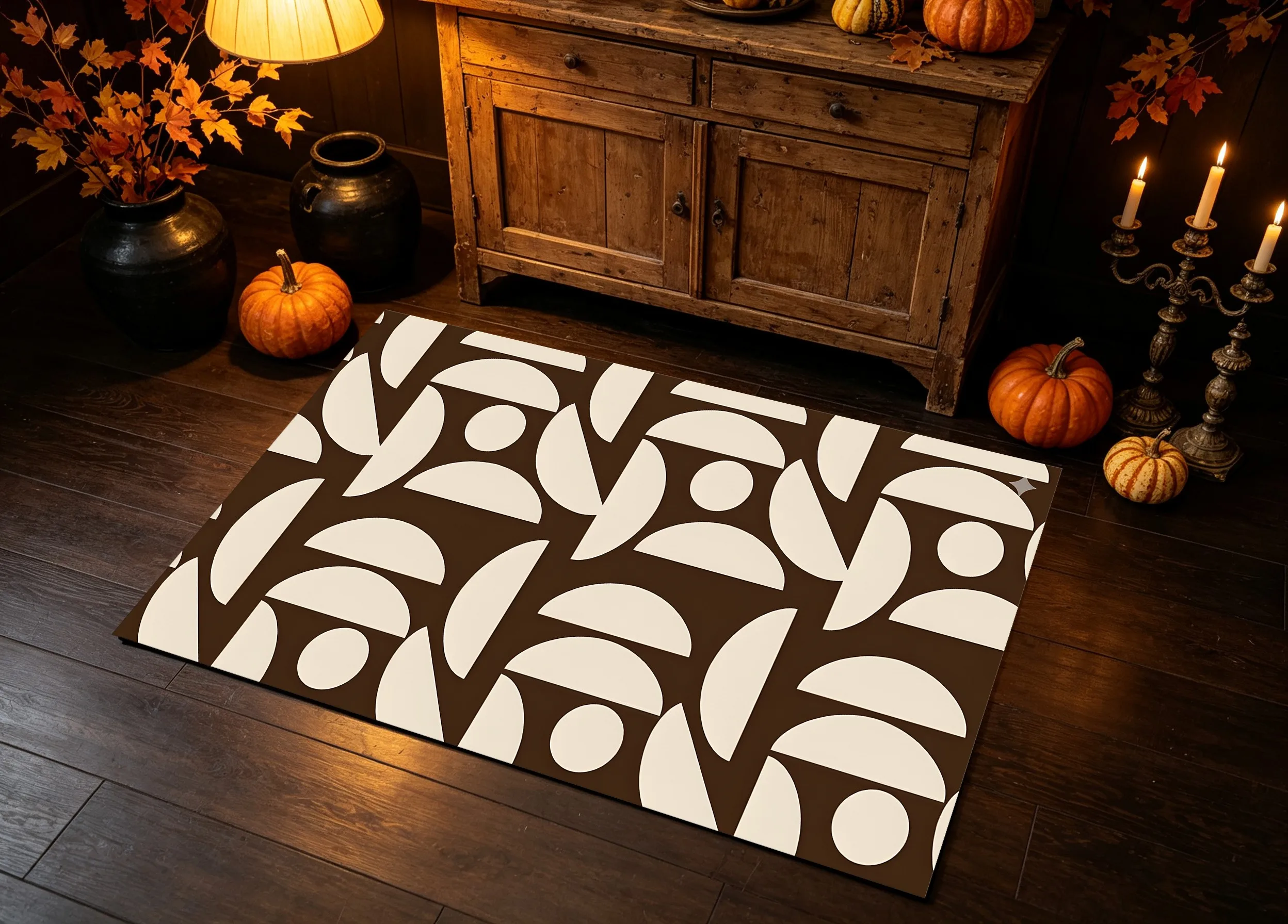 2D Large Rug Contrasting Milk Coffee Color Geometric Semi Circular Pattern Retro Wabi Sabi Living Room Carpet