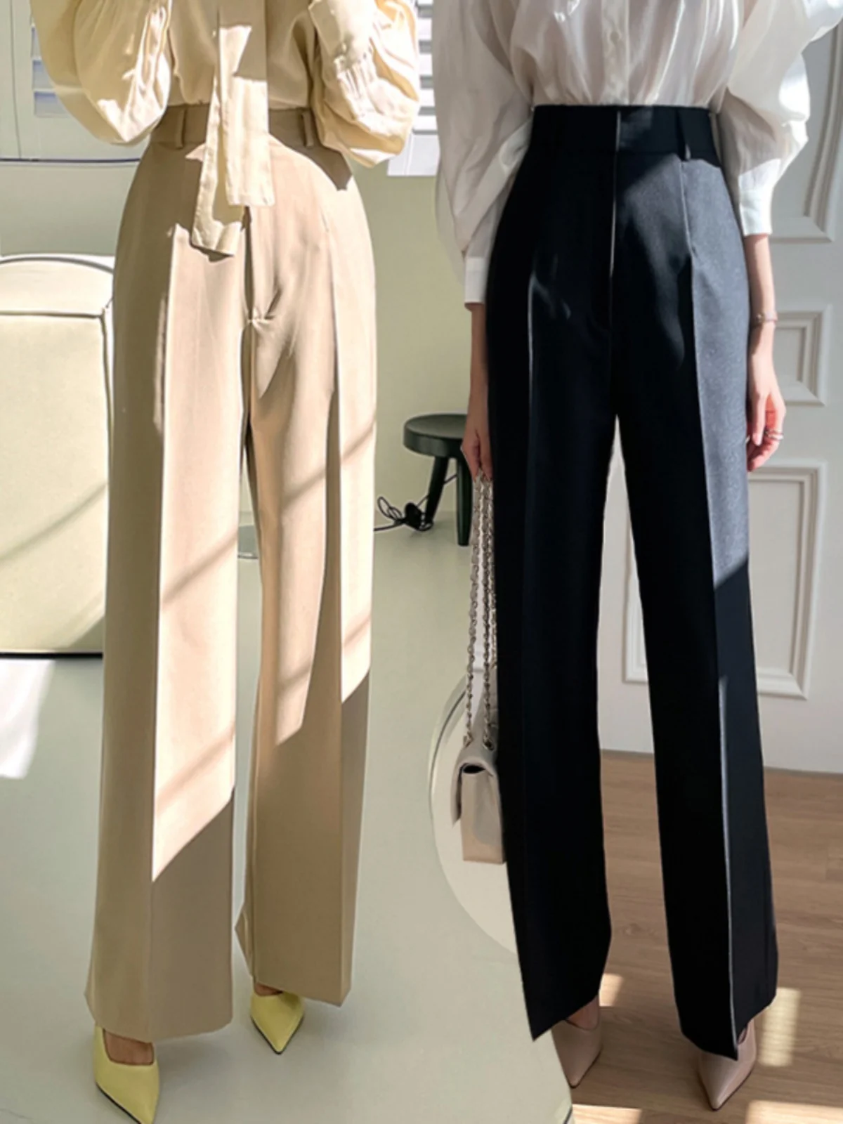High Waist Wide Leg Pants Women's Loose Fit Casual Trousers Spring Autumn New Style Asymmetrical Korean Style Polyester Fiber
