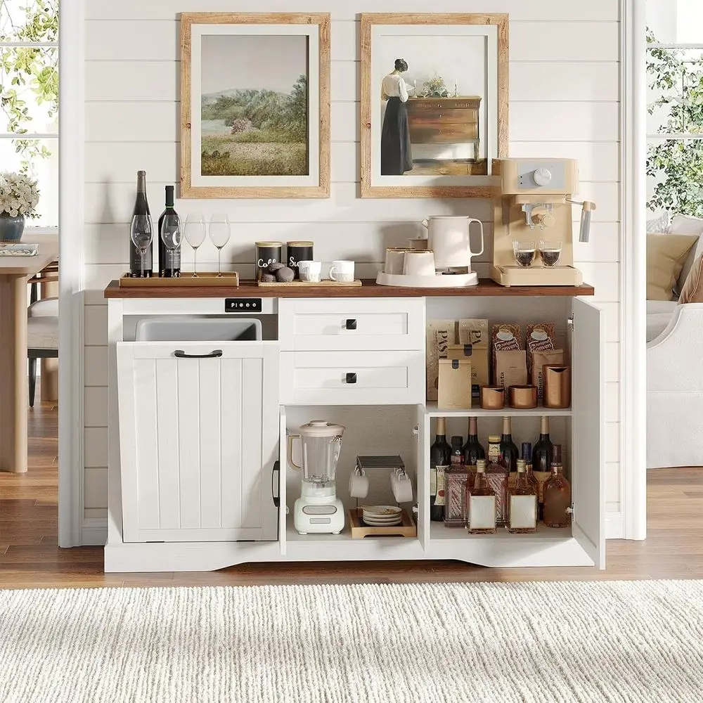 

55 Rustic White Coffee Bar Cabinet with Sideboard Storage and Built-in Trash Bin