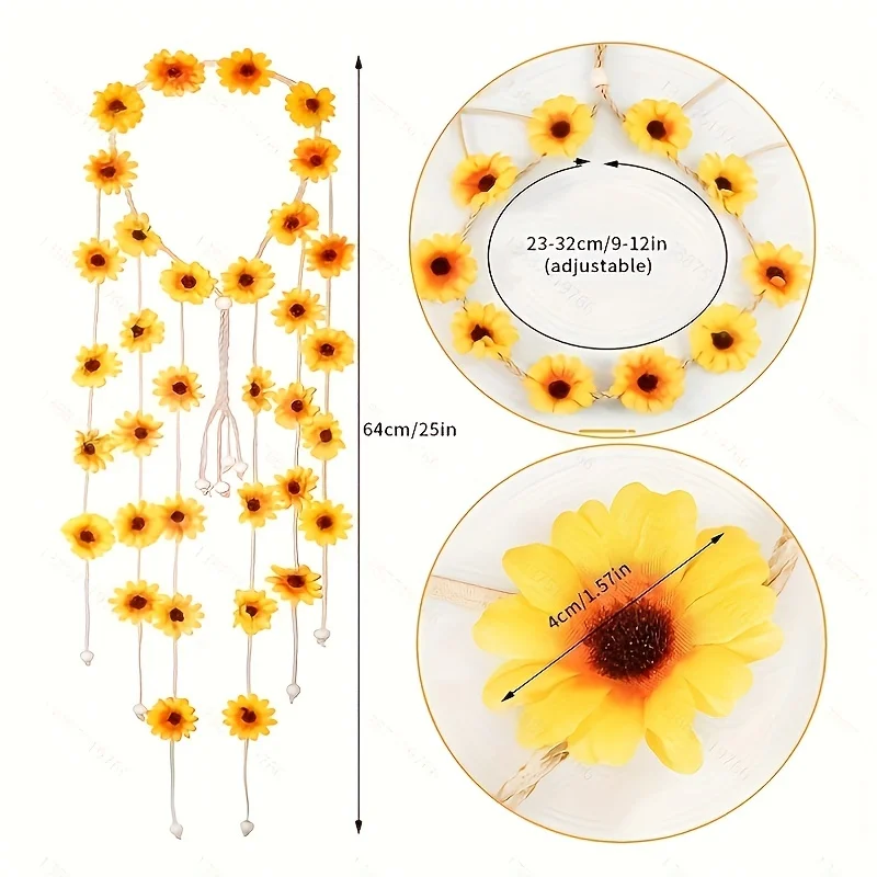 Flower hippie headband, flower crown, summer sunflower hair accessories suitable for 70s Bohemian clothing style