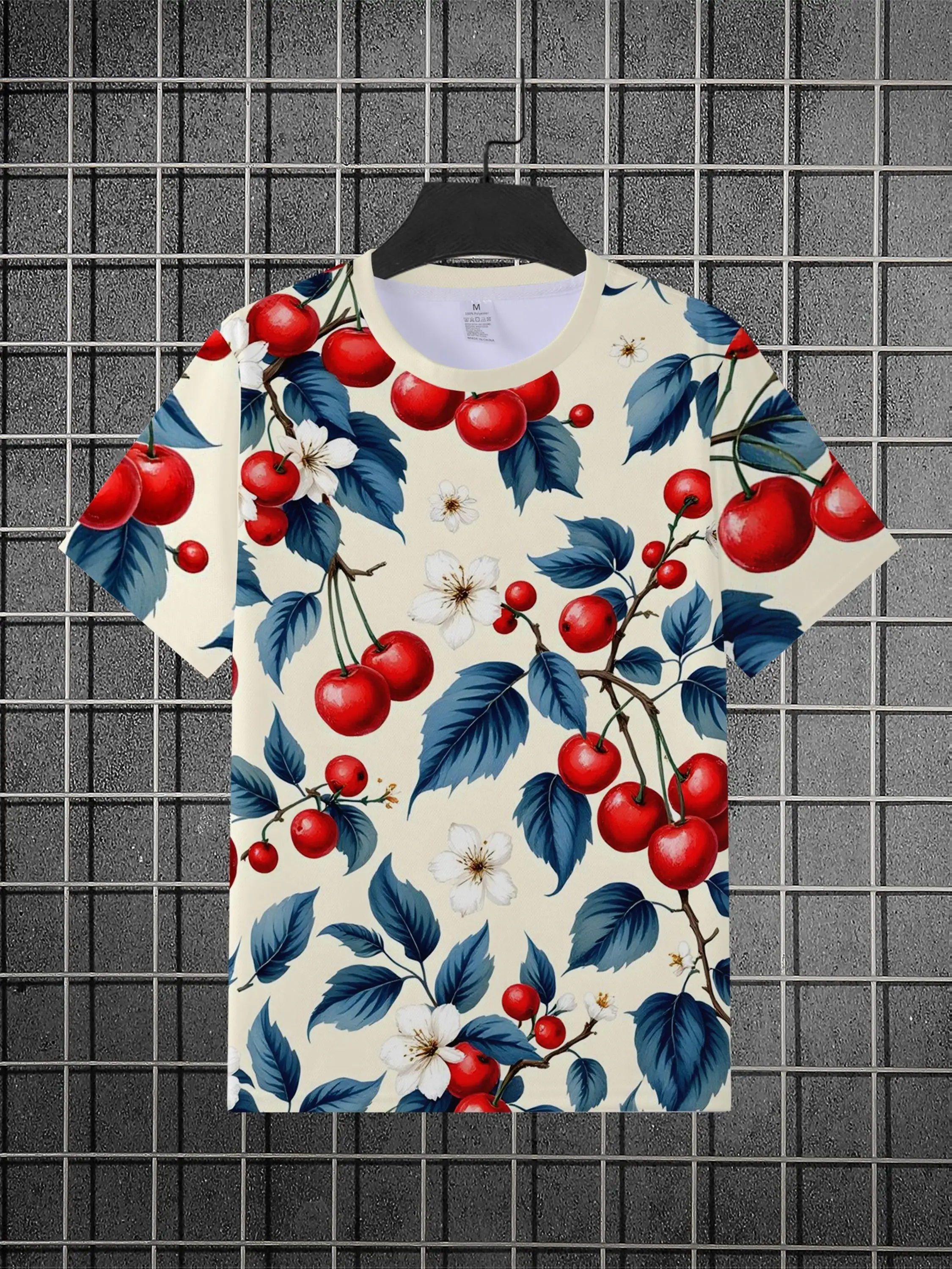 Men's Red Cherry White Floral Leaf Print T-Shirt O-Neck Short Sleeve Fruit Casual Tops
