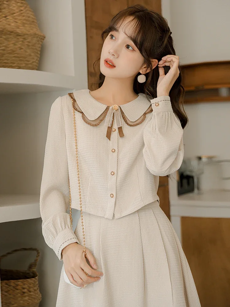 Autumn Outfit Women's Temperament Elegant Shirt Skirt Set Apricot Bow Doll Neck Cute Shirt Top+Skirt Sweet Korean Casual Sets