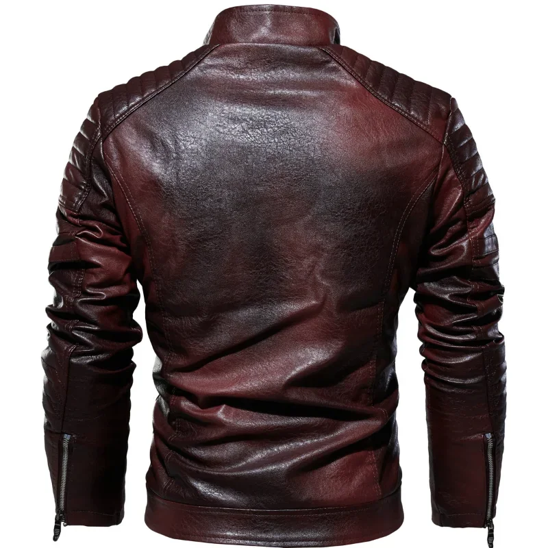 Men\'s Leather Jacket Men\'s Winter Fleece Men\'s Stand Collar Biker Casual Windproof Slim Fit Jacket Fleece Leather Jacket