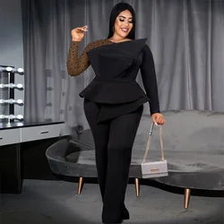 Plus Size Beading Sheer Jumpsuit Female Mesh Patchwork Cloth Women One Piece Outfit Wide Leg Pant 2023 Autumn Elegant Jumpsuit