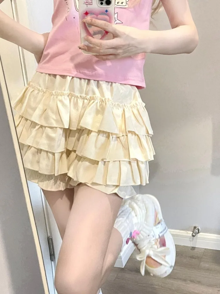 DEEPTOWN Kawaii Lolita Skirt Women Ruffle Layered High Waist Cutecore Mini Skirt Shorts Harajuku Japanese Style Soft Girl