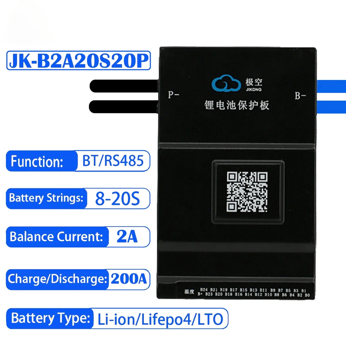 

JK SMART BMS JK-B2A20S20P 2A Active Balance for Lifepo4 Battery 8S 9S 16S 20S 200A 48V 60V BT Li-Ion 18650 Camping Battery Ebike