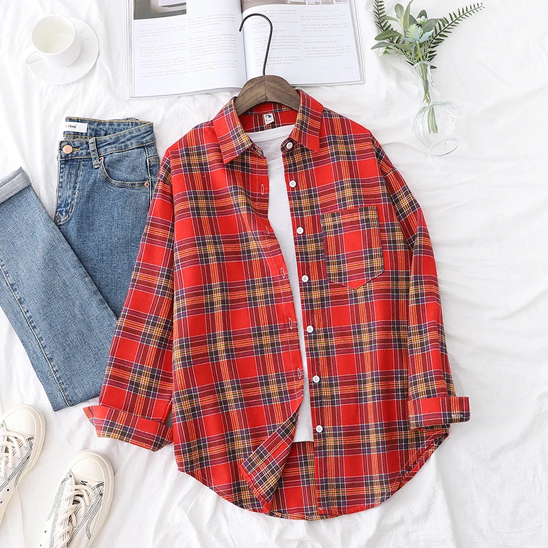 Casual Women\'s Plaid Shirt 2024 New Fine Female Long Sleeve Shirts & Blouses Ladies Loose Cotton Red Green Checked Tops Clothes